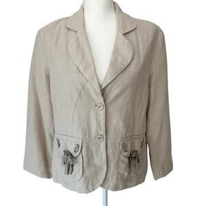 COLDWATER CREEK Linen Rayon Blazer Natural Beige Ribbon Trim Boho Jacket Size L